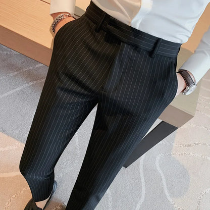 British Style Striped Slim Fit Suit Pant Men Business Casual Simple Dress Pants High Quality Social Wedding Party Trousers 38-28