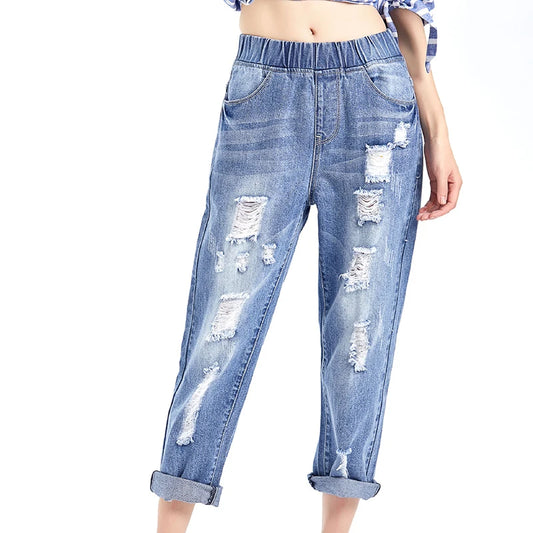 2025 High Waist Strecth Women Denim Jeans Hole Ruined Harem Vaqueros Big Size XL-8XL Casual Baggy Korea Pencil Jeans Vintage