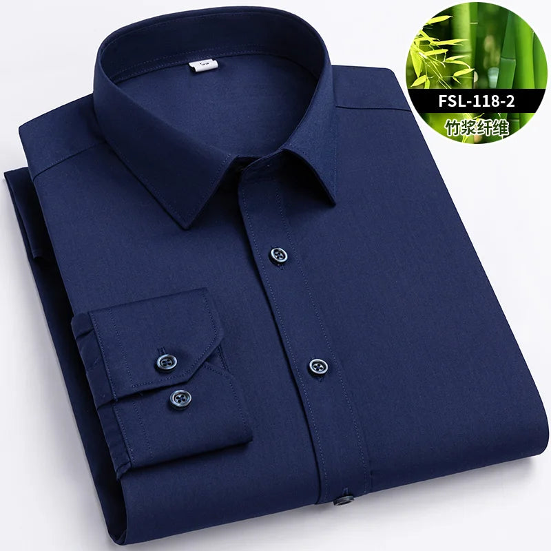 Quality Stretch Men Shirt Bamboo Fiber Long Sleeve Anti-wrinkle Non-ironing Slim Fashion Casual Business Office White Shirt