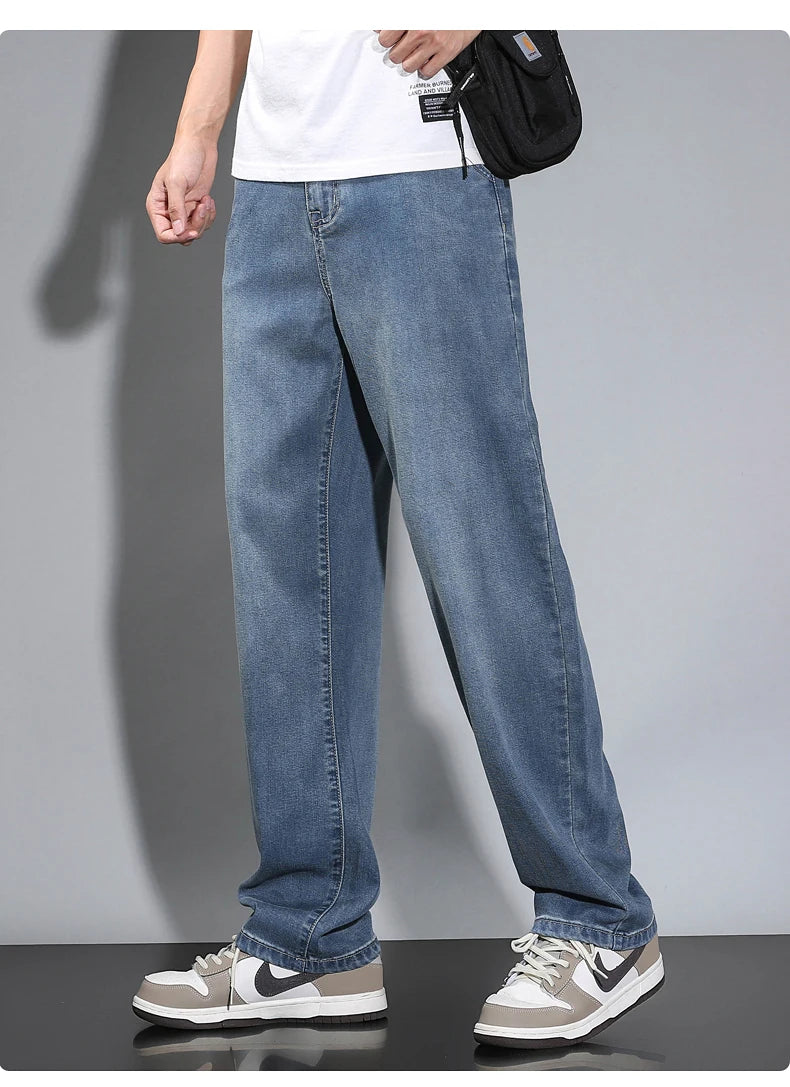 Summer Thin Men's Straight Loose Gray Jeans Soft Fabric Lyocell Fabric Light Colored Casual Pants Male Brand Trousers