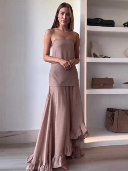 Elegant Party Dress Women Strapless Slim Hip Package Ruffle Hem Evening Dresses Female 2024 Autumn Chic Floor-length Lady Robes