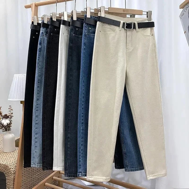 Women's Loose-Fit High-Waisted Fleece-Lined Jeans Slimming Thickened Warm Petite Nine-Point-Slim Fashion Trendy Spring Autumn Je