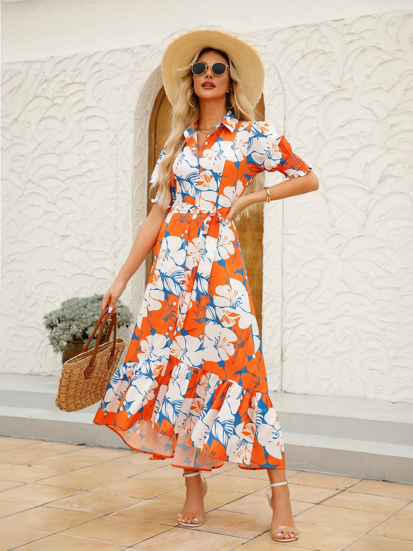 Women Floral Print Long Dress Summer Casual  Turn-down Collar Half Sleeve Loose Big Swing Dress Female Vintage  Beach Maxi Dress