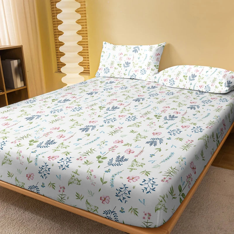 1 Simple modern Plant Flower printed matte Fitted Sheet, bedroom printed bed cover, bedding (excluding pillowcases)