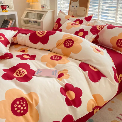 Cute Home Comforter Bedding Sets Washed Cotton Duvet Cover Flat Bed Sheet Set Twin Full Queen King Size Bed For Girls Couple