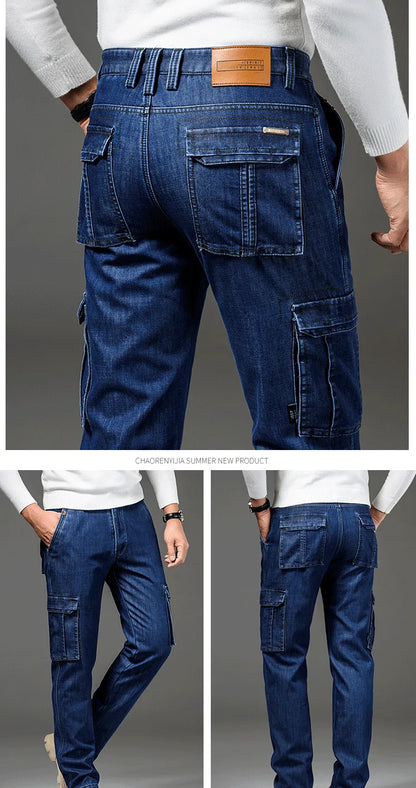 Winter Men's Cargo Jean Fleece Pants With Multi-pockets Loose Style Motorcycle Denim Trousers For Male Washed Size 29-44