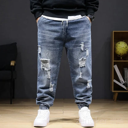 Large size jeans autumn winter section jeans men stretch elastic men high waist plus size hole trousers 8XL 7XL ripped jeans