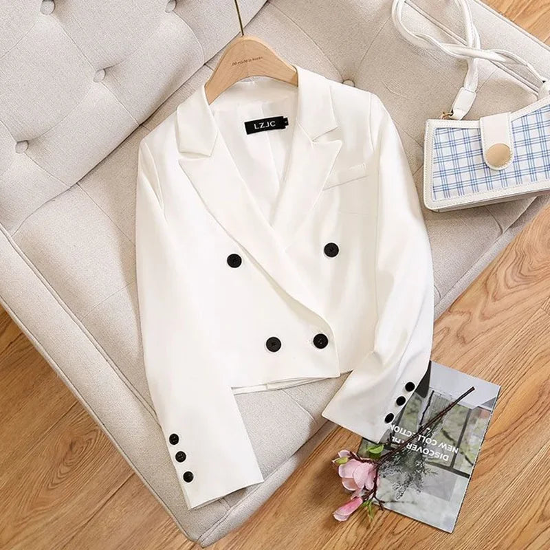 White Short Blazer Women Coat Office Lady Fashion Korean Spring Autumn Pockets Vintage Simple Casual Clothing