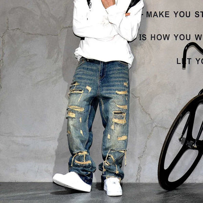 Mens Ripped Baggy Jeans Distressed Denim Streetwear Skateboard Pants Straight Leg Patchwork Oversized Urban Fashion Workwear