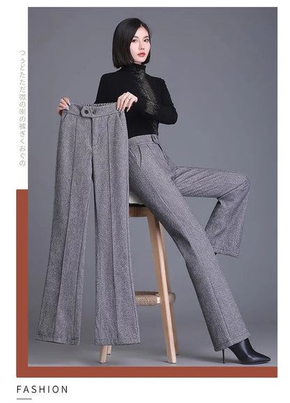 2024 Autumn Winter Women's Woolen Pants New Fashion High Waist Elastic Micro Flare Pants Slim Female Casual Wool Trousers 4XL