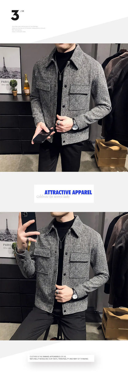 2024Autumn/Winter Men Polo Neck Woolen Jacket Fashion Slim Fit Suit Coat HighQuality Checkered Multi Pocket Korean Casual Jacket