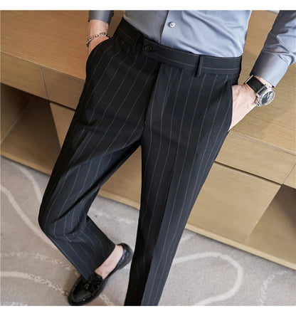 Men's Striped Suit Pants Elastic 2024 Autumn New Social Casual Trousers Slim Fit Suit Pants Business Office Wedding Men Clothing