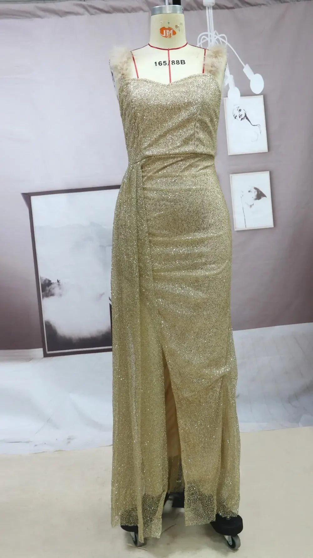 Spring Summer Formal Party Long Evening Dress with Split V-Neck Bronzing Bridesmaid Gold Color Gowns Dresses Women Dress vestido