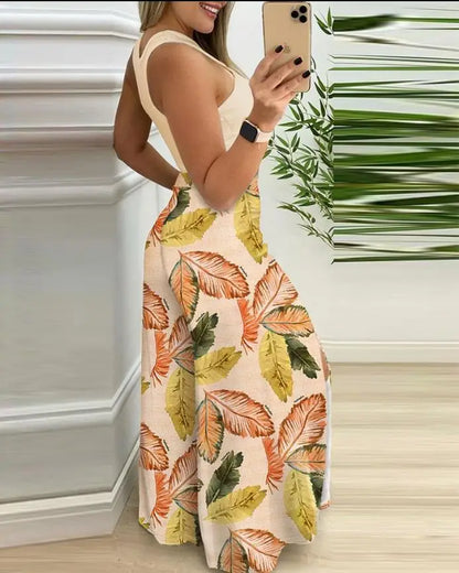 Two Piece Sets Womens Outifits 2024 Summer Print Temperament Sleeveless Slim Top & Casual High Waist Fashion Wide Leg Pants Set