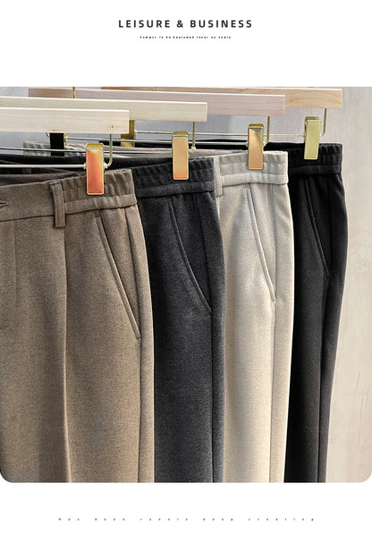 Autumn Winter Suit Pants Men Thick Business Elastic Waist Classic Grey Brown Woolen Straight Korean Formal Trousers Male 27-38