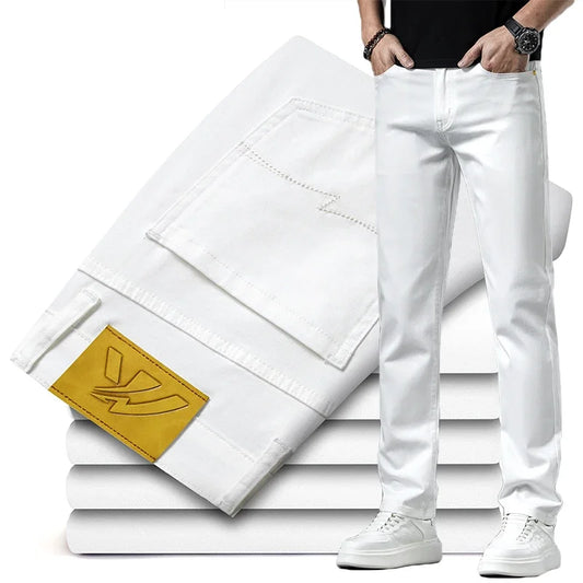 2024 New Summer Thin Men's Straight Denim Cotton Stretch Creamy-white Jeans Classic Business Pants Fashion Trousers Male Brand