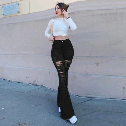 Women High Waist Black Flare Jeans Lady Bell Bottom Ripped Denim Pants Streetwear Distressed Classic Full Length Long Trouser