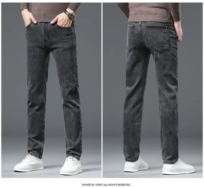 New Men's Stretch Grey Jeans Classic Slim Business Fashion Black Elasticity Denim Pants Male Brand Casual Trousers