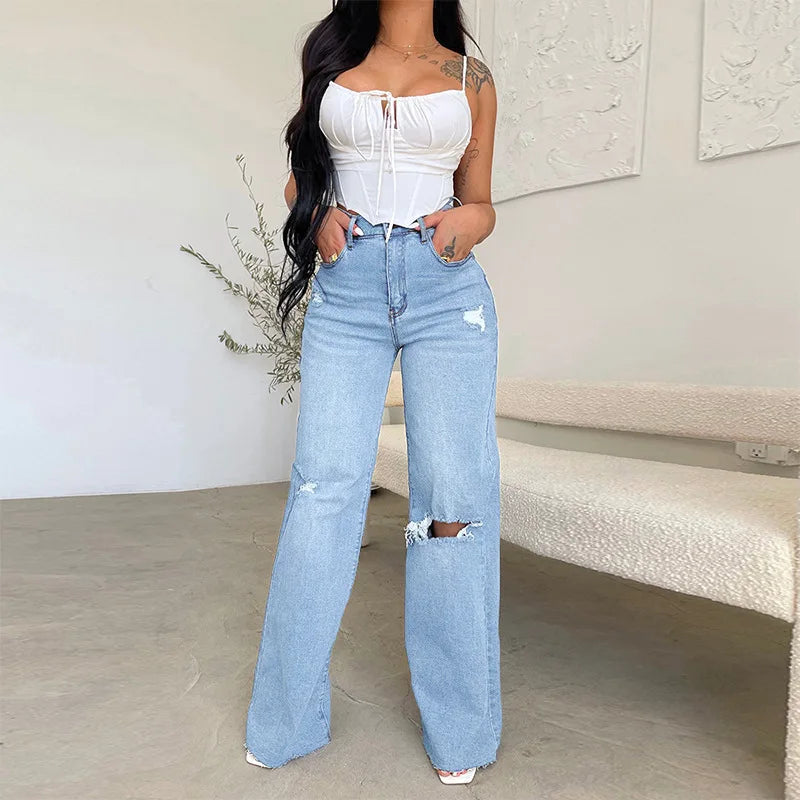 Women Jeans Wide Leg Pants Denim High Waist Zipper Fly Washing Holes Pockets High Street Ankle Length Flash Spring 2024