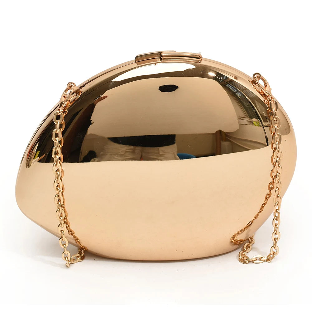 Women Metal Evening Bag with Chain Shoulder Bag Reflective Oval Shaped for Wedding Cocktail Prom Small Party Night Purses