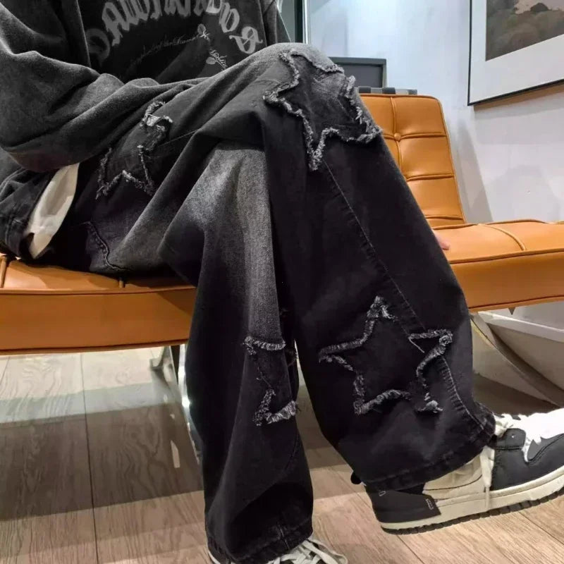 New Fashion Stars Towel Embroidery Balck Men Jeans Pants Y2K Clothes Straight Hip Hop Cotton Trousers Pantalon Homme