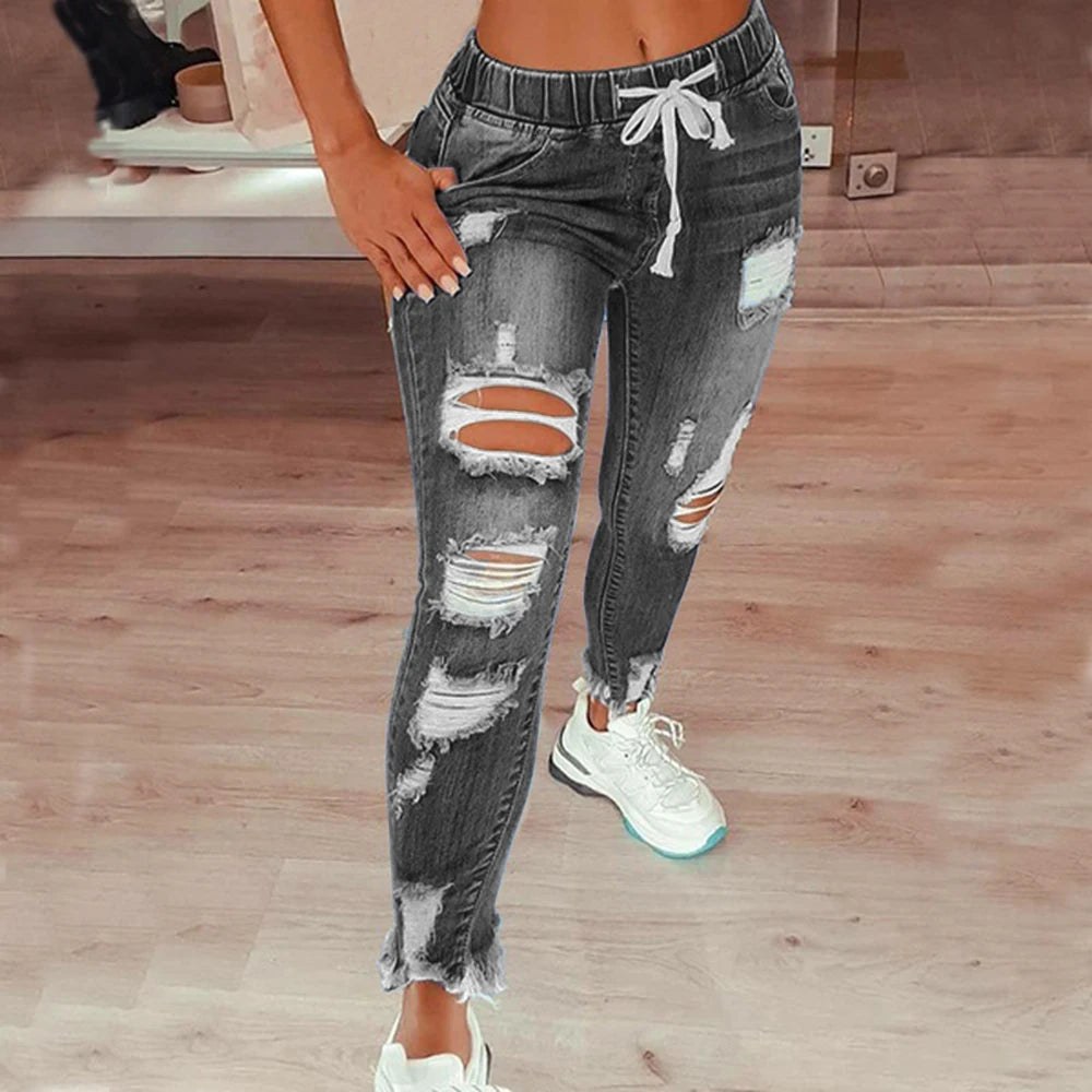 Plus Size High Waist Ripped Denim Trousers Women Clothing 2025 Fashion Korean Casual Slim Large Size Jeans Oversized Pants Leggi