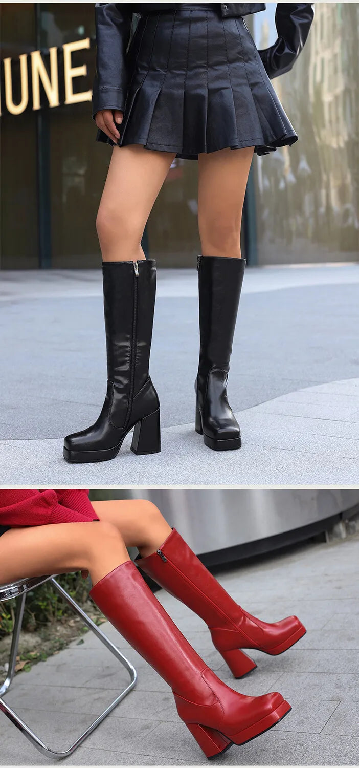 Square Toe Platform Ultra-High Thick Heel Soft PU Side Zipper Women's Knee High Boots With Plush Lining Autumn New Knight Boots