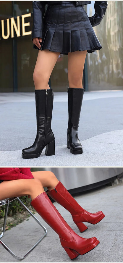 Square Toe Platform Ultra-High Thick Heel Soft PU Side Zipper Women's Knee High Boots With Plush Lining Autumn New Knight Boots