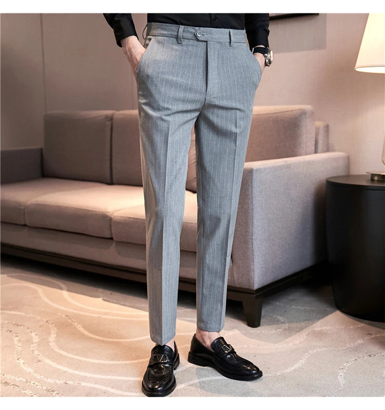 Autumn Winter Thickened Striped Suit Pant Men Business Slim Fit Long Pants Formal Office Social Party Casual Pants Streetwear