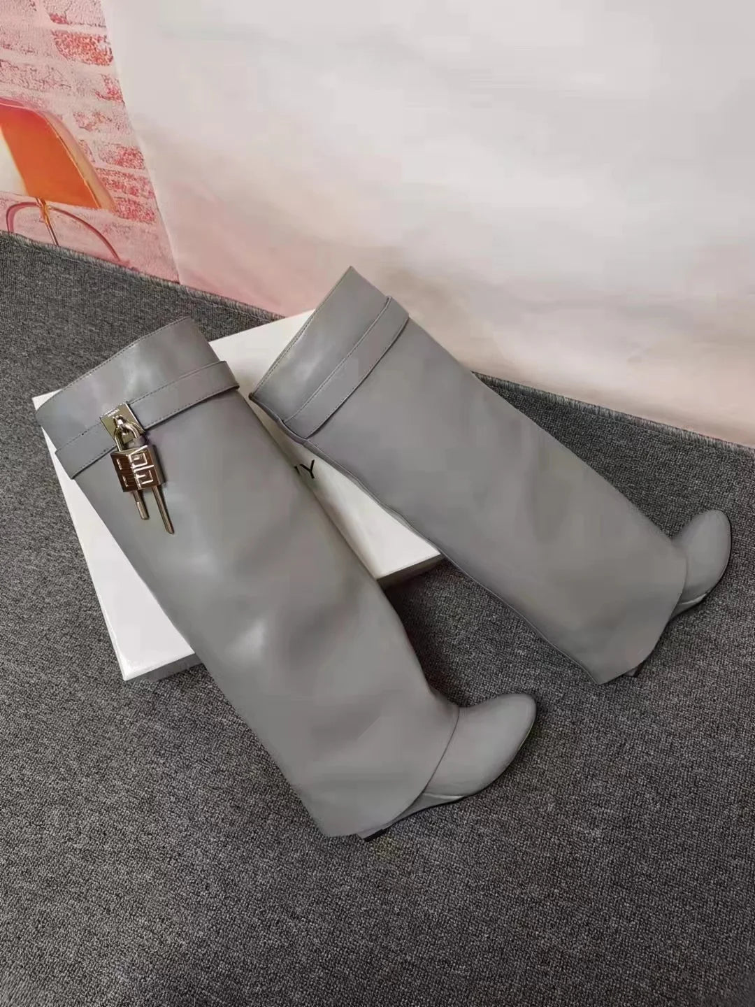 Women's new small round head trouser leg knee high metal lock buckle decoration silver wedge heel knee high boots