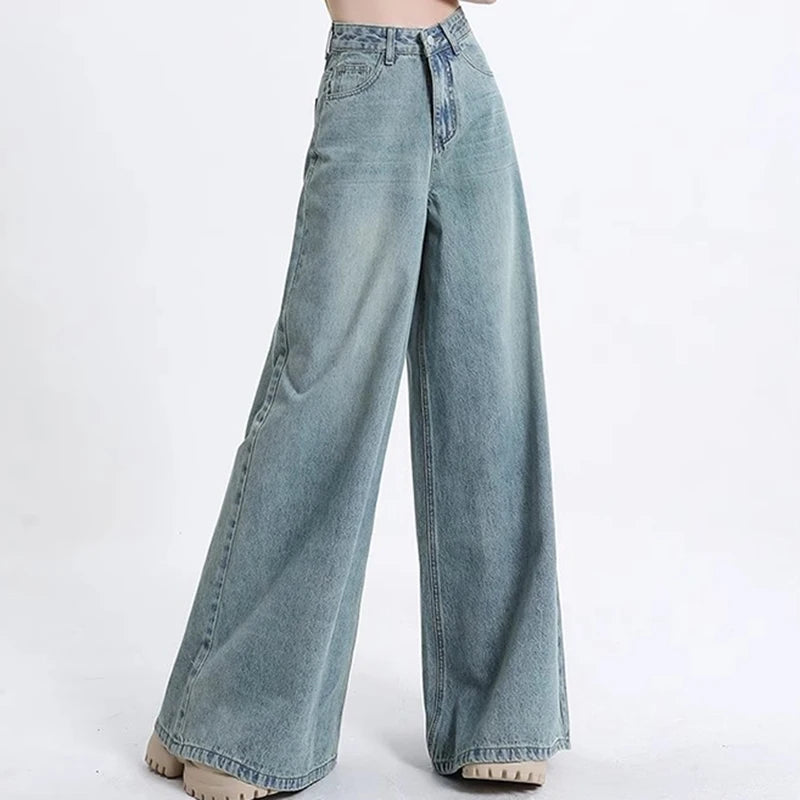 Women High Waist Korean Slacks Wide Leg Jeans Girls Punk 90s Vintage Denim Straight Leg Pants Female Light Blue Baggy Trousers