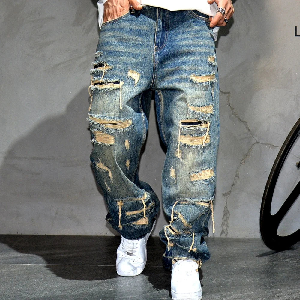 Mens Ripped Baggy Jeans Distressed Denim Streetwear Skateboard Pants Straight Leg Patchwork Oversized Urban Fashion Workwear