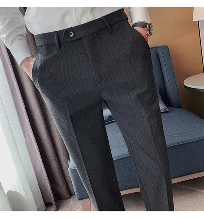 Men Boutique Black Striped Suits Pants Male Formal Wear Wedding Dress Trousers Quality British Style Business Casual Suit Pants