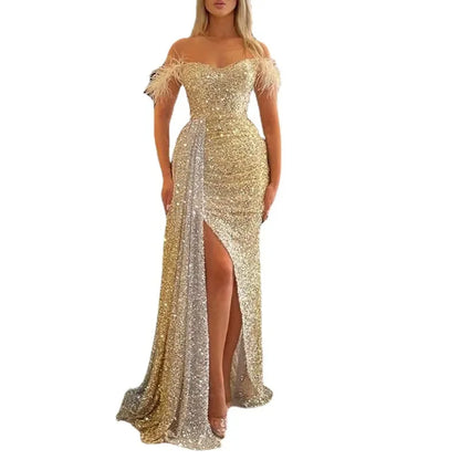 Spring Summer Formal Party Long Evening Dress with Split V-Neck Bronzing Bridesmaid Gold Color Gowns Dresses Women Dress vestido