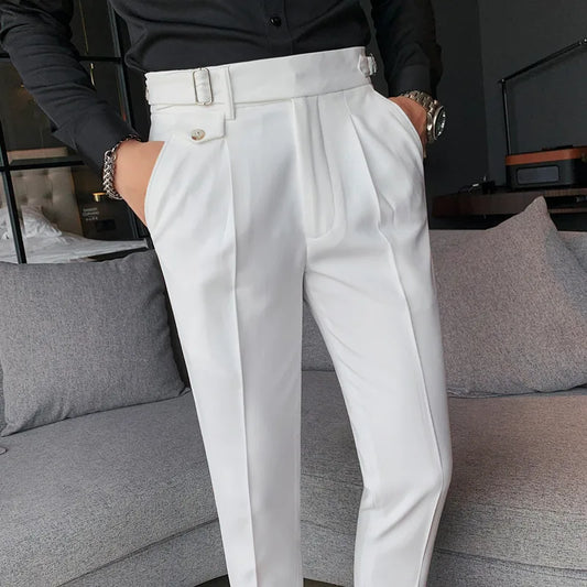 British Style New Solid High Waist Suit Pant Men Business Formal Wear Trousers 2024 High Quality Slim Casual Office Suit Pants