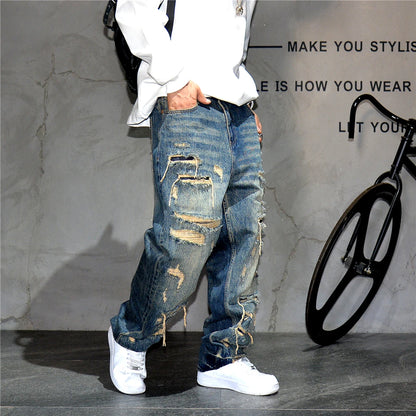 Mens Ripped Baggy Jeans Distressed Denim Streetwear Skateboard Pants Straight Leg Patchwork Oversized Urban Fashion Workwear