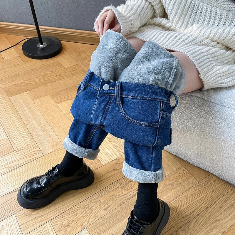 Women Straight Trousers Beige Keep Warm Fur Denim Jeans Thick Velvet Herm Pants Casual Vintage Female Winter Fleece Baggy Pants