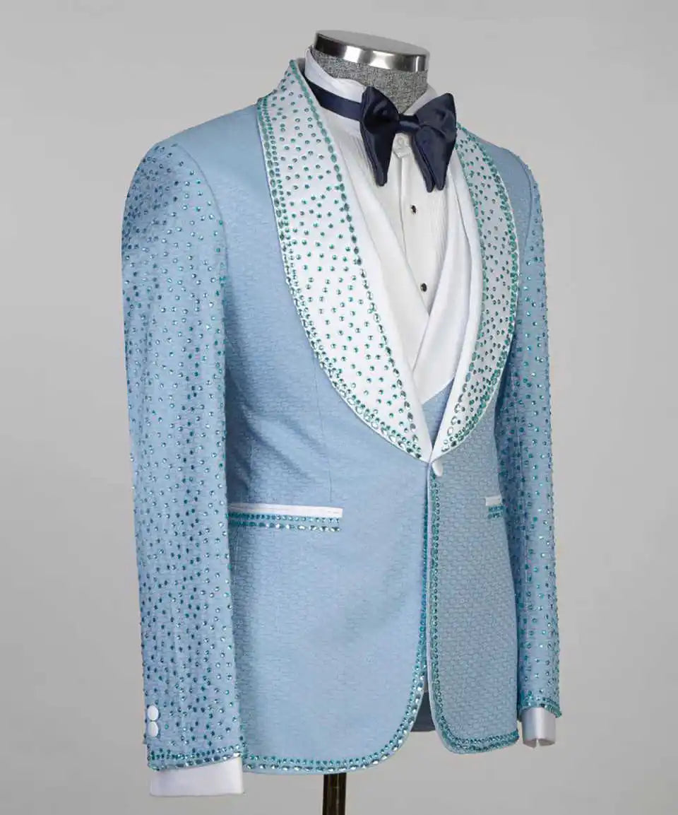 Smart Groom Wear Wedding Tuxedos Blue Crystal Mens Prom Blazer Tailored Formal Party Men Skinny 2 Piece Jacket Vest