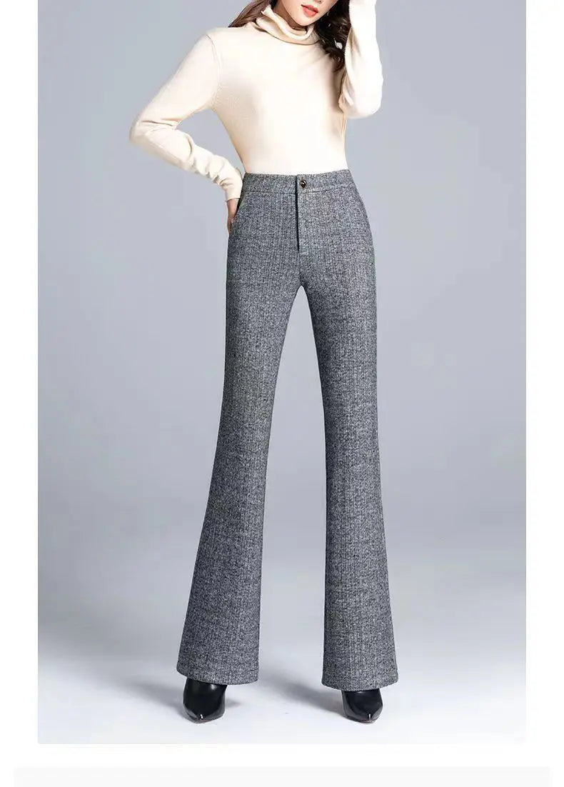 Office Lady Fashion Thicken Wool Flare Pants Autumn Winter New Korean Slim High Waist Wide Leg Women Solid Casual Suits Trousers