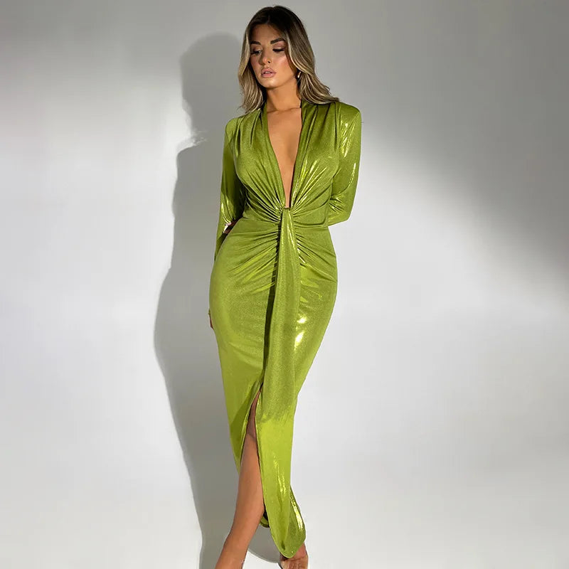 Women Sexy Split Ruched Dress Slim Long Sleeve Wrap Bodycon Dress Female Office Ladies Elegant Evening Dress Robe 2023 Autumn