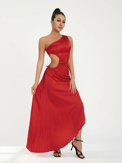 Women Elegant Long Dress Summer Sleeveless One-shoulder Pleated Hollowed Irregular Dress for Cocktail Party Beach Sundress Y2K