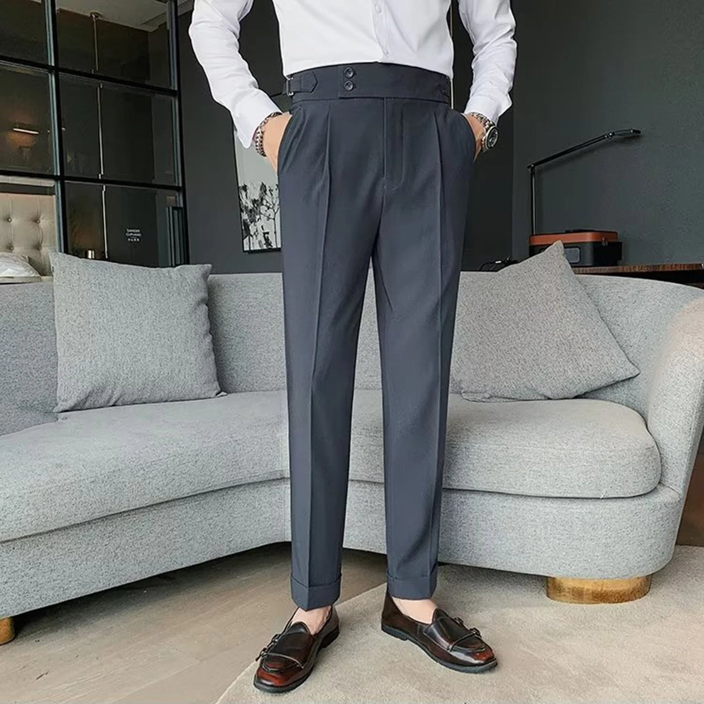 Men Pants Classic Men's Office Trousers Slim Fit High Waist Vintage Pockets Formal Business Style Pants for A Sophisticated Look