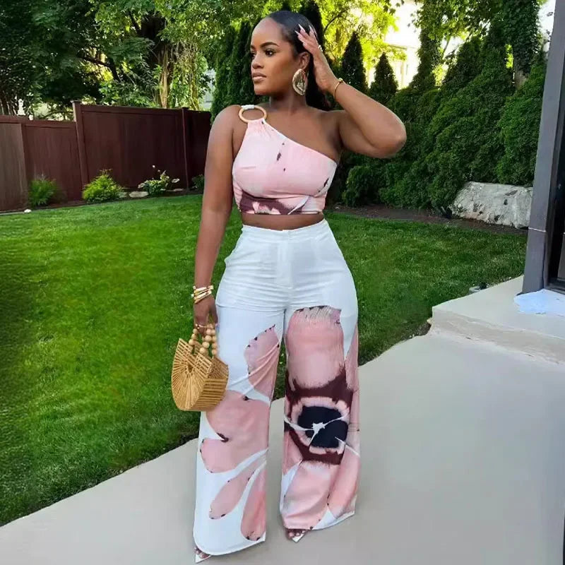 Floral Print Summer Two Piece Set Women Holiday One Shoulder Crop Top and Loose Wide Leg Pants Matching Sets Outfits Vacation