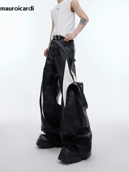 Mauroicardi Spring Autumn Cool Long Loose Casual White and Black Patchwork Pu Leather Pants Men Wide Leg Trousers Fashions 2024