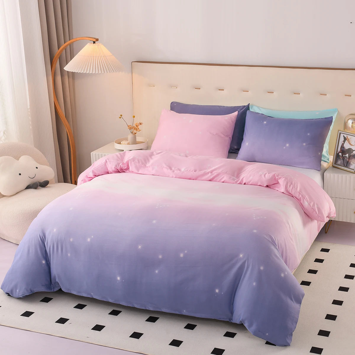 3pcs Fantasy Pink and Purple Gradient Duvet Cover Set Microfiber Galaxy Bedding Set Starry Sky Print Quilt Cover For Girls Room