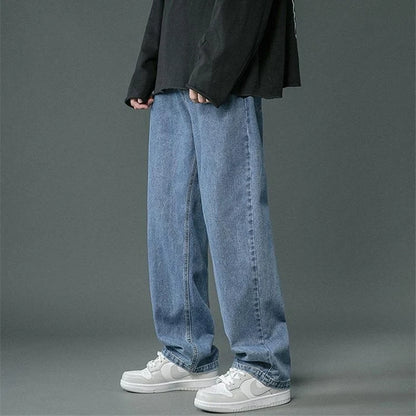 Korean Men's Casual Hip Hop Long Baggy Jeans Classic Man Straight Wide Leg Denim Pants Light Blue Grey Black Streetwear Trousers