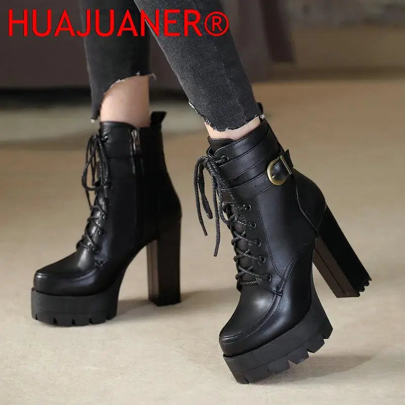 Fashion Platform Women Boots Square High Heel Ankle Boots Lace Up Zipper Motorcycle boots Autumn Winter Plush Ladies Shoes