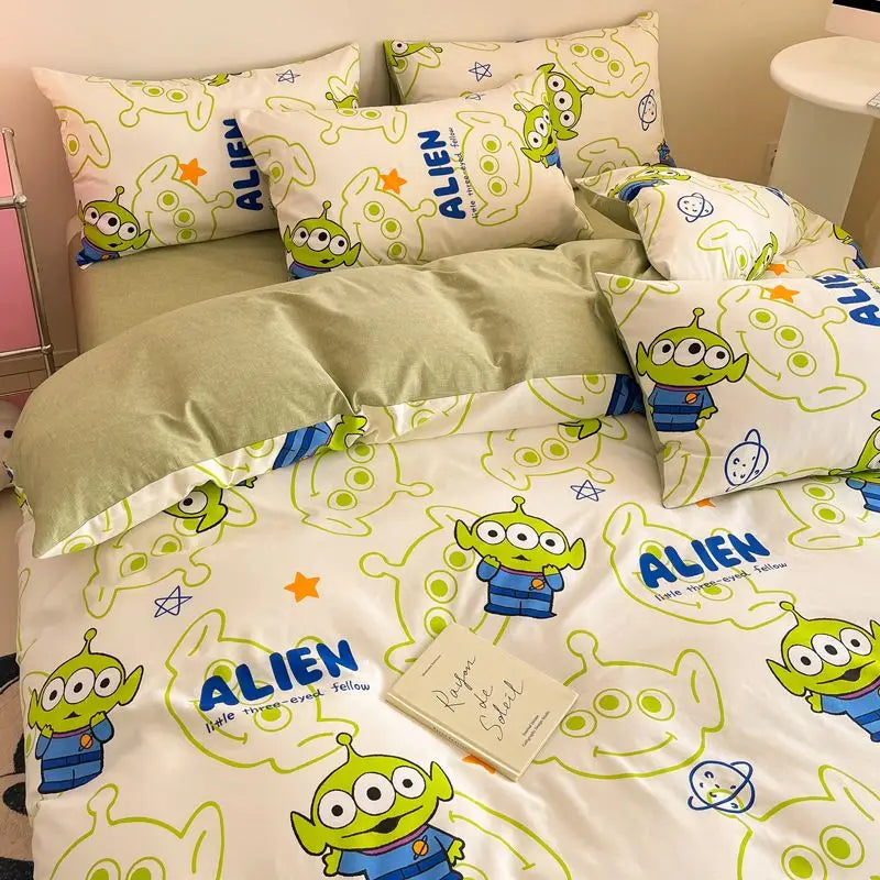 Toy Story Lotso Buzz Lightyear Alien Mickey Stitch Pooh Bear Fun Cartoon Printed Cotton Sheets and Quilt Covers Three Piece Set