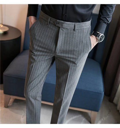 Autumn Winter Thickened Striped Suit Pant Men Business Slim Fit Long Pants Formal Office Social Party Casual Pants Streetwear