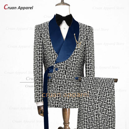 Luxury Men Suit Slim Fit Fashion Designs Plaid Pattern Printing Tuxedos for Men Custom Wedding Party Jacket Pants 2 Pieces Set